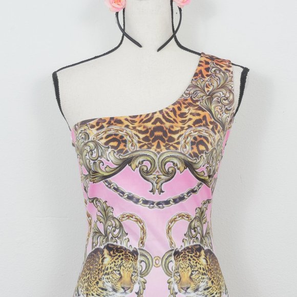 Symphony One Shoulder Pink Gold Baroque Leopard Graphic Size Medium Dress - Picture 3 of 11